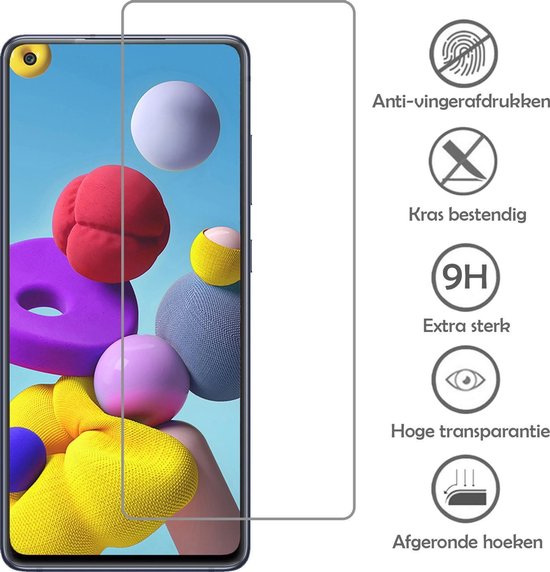 Screenprotector voor Samsung Galaxy A21s met pictogrammen voor anti-vingerafdruk, krasbestendig, extra sterk, hoge transparantie en afgeronde hoeken.