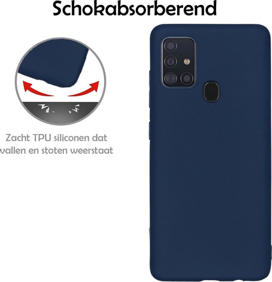 Donkerblauwe siliconen telefoonhoes voor Samsung Galaxy A21s, met schokabsorberend pictogram.