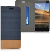 kwmobile hoesje voor bq Aquaris X5 - Flip cover in donkerblauw / bruin - Telefoonhoesje met pasjeshouder