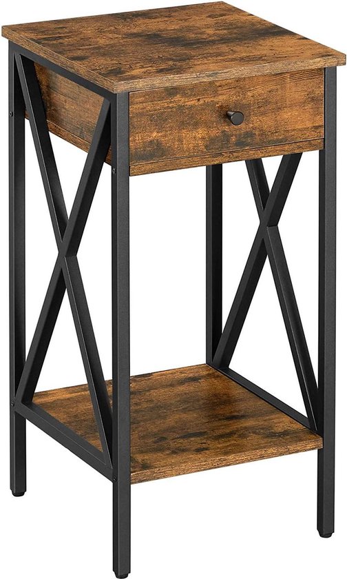 Table de chevet Nancy's Grenada - Table d'appoint - Tiroir - 2 Planches - 35 x 35 x 70 cm - Industrielle - Vintage - Marron - Zwart