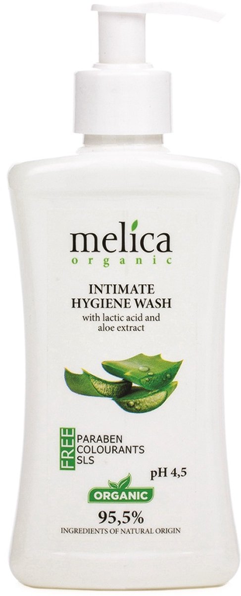 MELICA ORGANIC Biologisch 95,5% Natuurlijke INTIEME HYGIENE ACTIEVE WASEMULSIE met Melkzuur en ALOE VERA EXRACT zonder parabenen, kleur-en geurstoffen, smakstoffen, alkali, zeep, SLS, SLES, met pompje