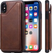 Voor iPhone X schokbestendig kalfsleer beschermhoes met houder en kaartsleuven en frame (koffie)