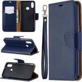 Voor Galaxy A10s litchi textuur pure kleur horizontale flip pu lederen tas met houder & kaartsleuven & portemonnee & lanyard (donkerblauw)