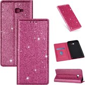 Voor Samsung Galaxy J4 + ultradunne glitter magnetische horizontale flip lederen tas met houder en kaartsleuven (rose rood)