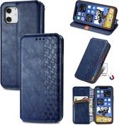 Voor iPhone 12 Pro 6.1 inch Cubic Grid Pressed Horizontal Flip Magnetic PU Leather Case met houder & kaartsleuven & portemonnee (blauw)
