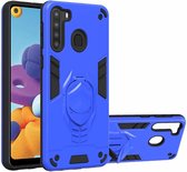Voor Samsung Galaxy A21 2 in 1 Armor Knight Series PC + TPU beschermhoes met onzichtbare houder (donkerblauw)