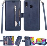 Voor Samsung Galaxy M20 Multifunctionele Rits Horizontale Flip Leren Case met Houder & Portemonnee & 9 Kaartsleuven & Lanyard (Blauw)