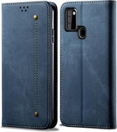 Voor Samsung Galaxy A21s denim textuur casual stijl horizontale flip lederen tas met houder en kaartsleuven en portemonnee (blauw)