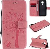 Voor Xiaomi Redmi Note 9 Tree & Cat reliÃ«fpatroon Horizontale flip lederen tas met houder & kaartsleuven & portemonnee & lanyard (roze)