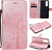Voor Huawei Nova 7 Tree & Cat reliÃ«fpatroon Horizontale flip lederen tas met houder & kaartsleuven & portemonnee en lanyard (rose goud)
