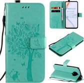 Voor Xiaomi Redmi K30 Pro Tree & Cat reliÃ«fpatroon Horizontale flip lederen tas met houder & kaartsleuven & portemonnee & lanyard (groen)