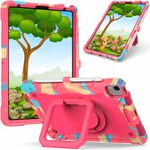 Contrasterende kleur schokbestendige robot siliconen + pc-hoes met polsbandhouder voor iPad Air (2020) 10.9 (camouflage + roze rood)