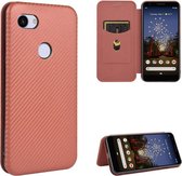 Voor Google Pixel 3a XL koolstofvezel textuur magnetische horizontale flip TPU + pc + PU lederen tas met kaartsleuf (bruin)