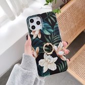 Dubbelzijdige film IMD bloemenpatroon schokbestendig TPU beschermhoes met ringhouder voor iPhone 12 mini (groene magnolia)