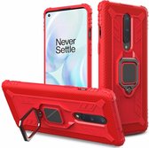 Voor OnePlus 7T Pro / 7 Pro koolstofvezel beschermhoes met 360 graden roterende ringhouder (rood)