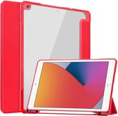 Transparant acryl + TPU achterkant horizontale flip lederen tas met 3-vouwbare houder en pennenhouder & slaap- / wekfunctie voor iPad 10.2 & 10.2 (2020) (rood)