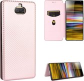 Voor Sony Xperia 10 Plus Carbon Fiber Texture Magnetische Horizontale Flip TPU + PC + PU Leather Case met Card Slot (Pink)
