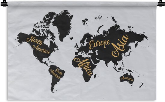 Wandkleed Trendy wereldkaarten - Zwarte wereldkaart met gouden letters Wandkleed katoen 90x60 cm - Wandtapijt met foto