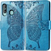 Butterfly Love Flowers Embossing Horizontale Flip Leather Case voor Galaxy A60, met houder & kaartsleuven & portemonnee & lanyard (blauw)