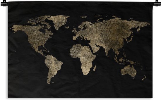 Tapisserie Cartes du mondeIllustrations de Noël - Carte du monde doré avec motif texturé sur fond noir Tapisserie coton 120x80 cm - Tapisserie avec photo