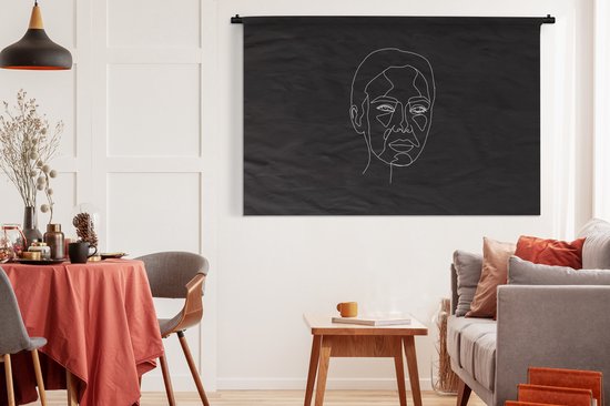 Wandkleed Line-art Vrouwengezicht - 16 - Line-art voorkant vrouwengezicht op een zwarte achtergrond Wandkleed katoen 180x120 cm - Wandtapijt met foto XXL / Groot formaat!
