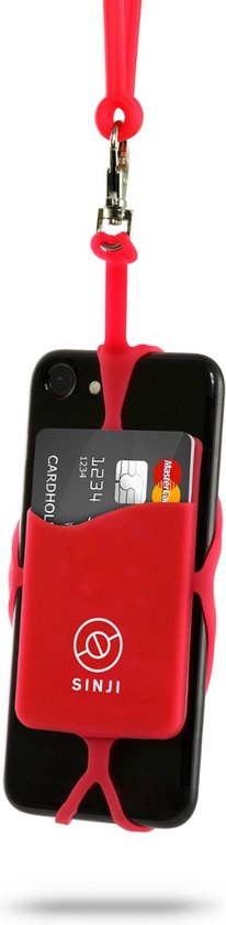 Rode telefoonhouder met koord, met creditcardvak en SINJI-logo.