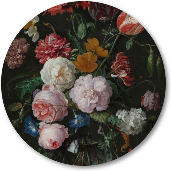 Wandcirkel Stilleven met bloemen in glazen vaas, Jan Davidsz. De Heem, 1650 - 1683.- wandcirkel op PVC - ⌀ 60 cm - met ophangsysteem - rond schilderij - fotoprint op PVC geharde toplaag / Forex / muurcirkel / wooncirkel / tuincirkel (wanddecoratie)