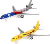 Speelgoed vliegtuigen setje van 2 stuks zilver en geel 19 cm - Vliegveld spelen voor kinderen