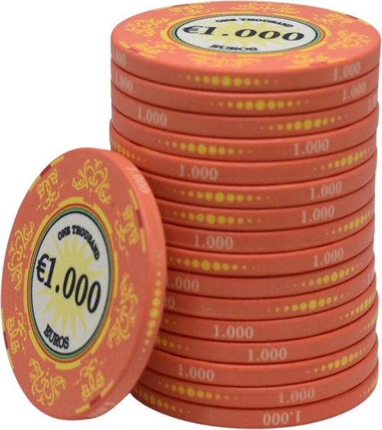 Macau deluxe keramische cashgame poker chips €1.000, oranje (25 stuks) pokerchips bol