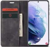 CaseMe Retro Wallet Slim Samsung S21 Plus hoesje zwart - Flipcover - magnetische sluiting - 2 kaarthouders en een vak voor briefgeld