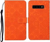 Voor Samsung Galaxy S10 etnische stijl reliëf patroon horizontale flip lederen tas met houder & kaartsleuven & portemonnee & lanyard (oranje)