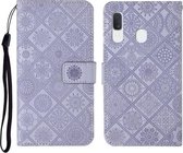 Voor Samsung Galaxy A20 / A30 etnische stijl reliëf patroon horizontale flip lederen tas met houder & kaartsleuven & portemonnee & lanyard (paars)