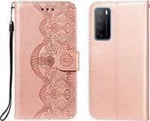 Voor Huawei Honor Play4 Flower Vine Embossing Pattern Horizontale Flip Leather Case met Card Slot & Holder & Wallet & Lanyard (Rose Gold)