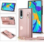 Voor Huawei P30 polsband PU + TPU schokbestendige beschermhoes met crossbody lanyard & houder & kaartsleuf (roségoud)