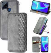 Voor OPPO Realme C15 Cubic Grid Pressed Horizontal Flip Magnetic PU Leather Case met houder & kaartsleuven & portemonnee (grijs)
