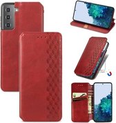 Voor Samsung Galaxy S21 5G Cubic Grid Pressed Horizontal Flip Magnetic PU Leather Case met houder & kaartsleuven & portemonnee (rood)