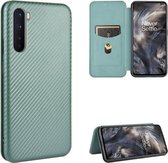 Voor OnePlus Nord Carbon Fiber Texture Magnetische Horizontale Flip TPU + PC + PU Leather Case met Card Slot (Groen)