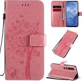Voor Xiaomi Mi 10 5G / Mi 10 Pro 5G Tree & Cat Pattern Pressed Printing Horizontale flip PU lederen tas met houder & kaartsleuven & portemonnee & lanyard (roze)