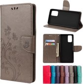 Voor Samsung Galaxy Note20 Butterfly Flower Embossing Horizontale Flip lederen tas met houder & kaartsleuven & portemonnee (grijs)