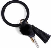 2 STKS omzoomde armband sleutelhanger cirkel anti-verloren PU lederen haarbal armband sleutelhanger hanger (zwart)