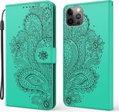 Voor iPhone 11 Pro Pauw patroon in reliëf horizontaal lederen flip-hoesje met houder & kaartsleuven & portemonnee en draagkoord (groen)