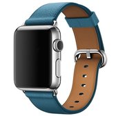Klassieke knop lederen polsband horlogeband voor Apple Watch Series 3 & 2 & 1 42 mm (donkerblauw)