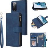 Voor Samsung Galaxy S20 FE 5G Rits Portemonnee Tas Horizontale Flip PU Lederen Case met Houder & 9 Kaartsleuven & Portemonnee & Lanyard & Fotolijst (Blauw)