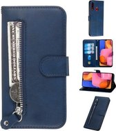 Voor Galaxy A20s Mode Kalfsstructuur Rits Horizontale Flip PU lederen tas, met houder & kaartsleuven en portemonnee (blauw)