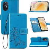 Voor Huawei Nova 8 vierbladige gesp reliëf gesp mobiele telefoon bescherming lederen tas met lanyard & kaartsleuf & portemonnee & beugel functie (blauw)
