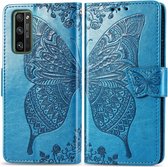 Voor Huawei Honor 30 Pro Butterfly Love Flower Reliëf Horizontale Flip Leren Case met Beugel / Kaartsleuf / Portemonnee / Lanyard (Blauw)
