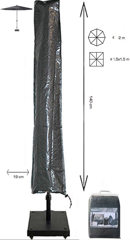 Grijze parasolhoes van 140 cm hoog, met afmetingen en opbergzak.