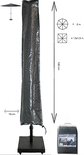 Grijze parasolhoes van 140 cm hoog, met afmetingen en opbergzak.