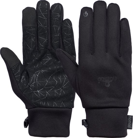 Zwarte Nomad handschoenen, één met anti-slipprint op de handpalm en de ander met logo.