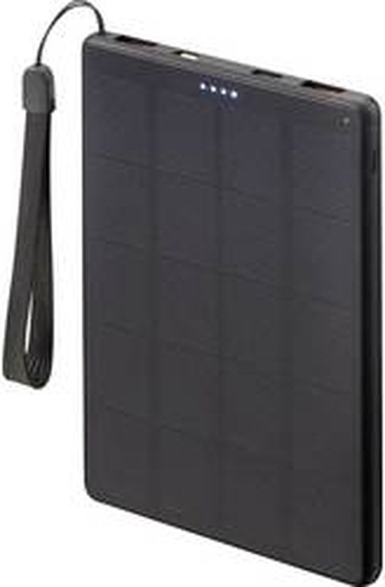 Zwarte powerbank met zonnepaneel, met USB-poorten en LED-indicatoren. Een polsbandje is bevestigd aan de zijkant.